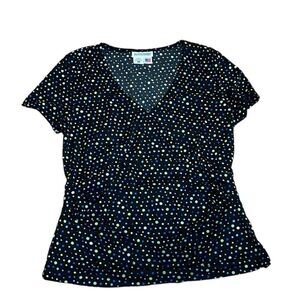 Vintage Motherhood Maternity Top, black polka dot shirt, yellow, mint Small